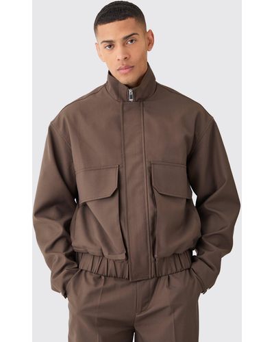 BoohooMAN Funnel Neck Relaxed Fit Utility Smart Jacket - Brown