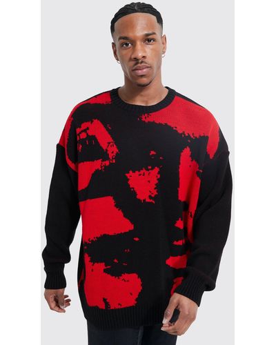 BoohooMAN Oversized Multi Portrait Knitted Sweater - Red