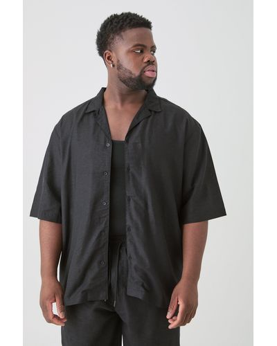 BoohooMAN Plus Linen Oversized Revere Shirt In Black - Schwarz