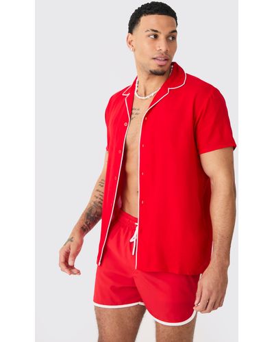 BoohooMAN Short Sleeve Plain Piping Shirt & Swim Set - Red