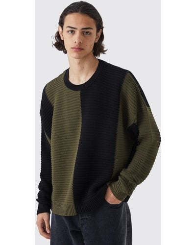 BoohooMAN Tall Oversized Pleated Color Block Sweater - Black
