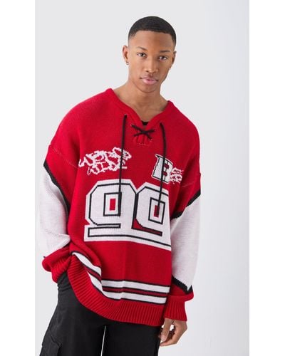 BoohooMAN Oversized Lace Up Hockey Sweater - Red