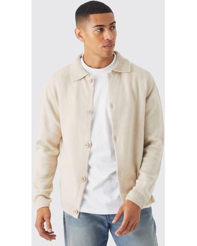 BoohooMAN Brushed Knitted Collared Cardigan - White