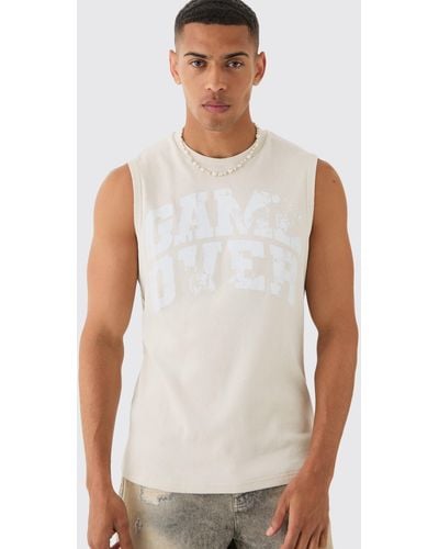 BoohooMAN Game Over Printed Ribbed Tank - White