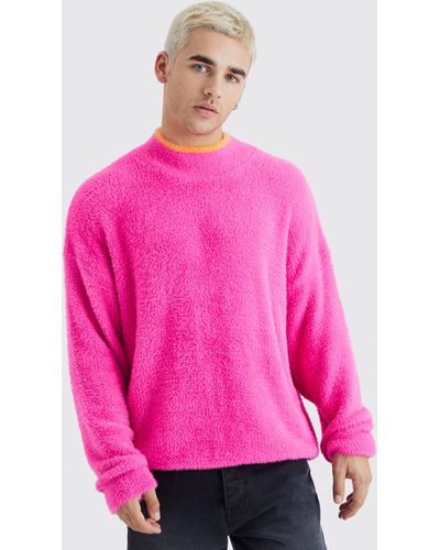 BoohooMAN Oversized Fluffy Funnel Neck Jumper With Tipping - Pink