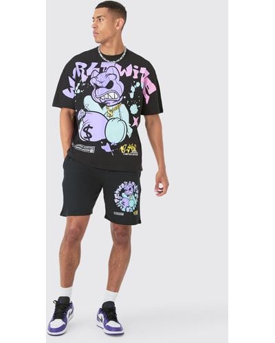 BoohooMAN Oversized Extended Neck Teddy Large Graphic Shorts Set - Blue