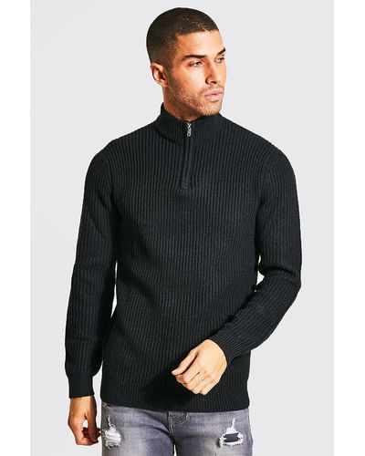 BoohooMAN Recycled Funnel Neck Half Zip Chunky Jumper - Black