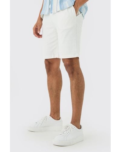 BoohooMAN Slim Fit Mid Length Jacquard Stripe Short - Weiß