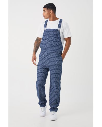 BoohooMAN Relaxed Fit Fabric Interest Denim Dungaree - Blue