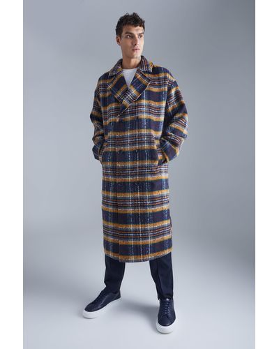 BoohooMAN Double Breasted Longline Brushed Check Overcoat - Blue