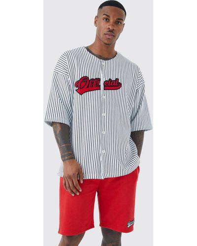 BoohooMAN Oversized Pinstripe Baseball Shirt & Short Set - Red