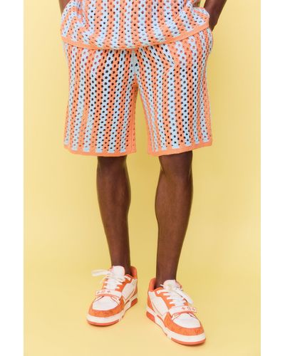 BoohooMAN Relaxed Open Stitch Stripe Knitted Shorts - Orange