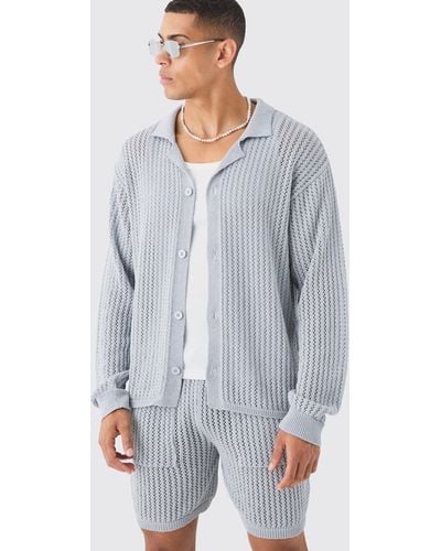 BoohooMAN Relaxed Crochet Open Knit Long Sleeve Shirt In Gray