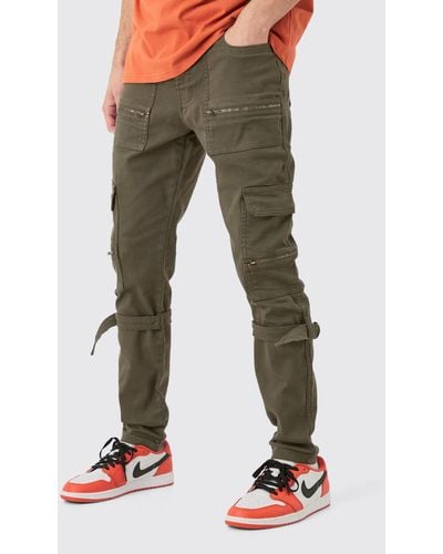 BoohooMAN Skinny Stretch Zip Multi Strap Cargo Trousers - Green