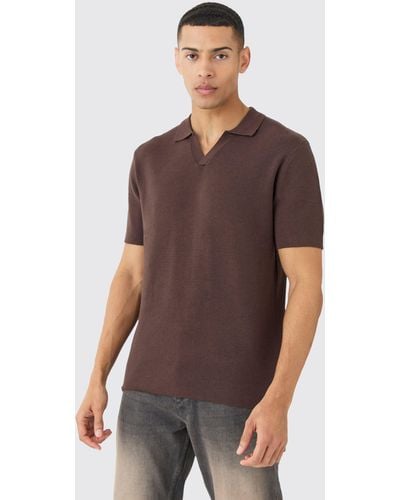 BoohooMAN Regular Fit Revere Knitted Polo - Braun
