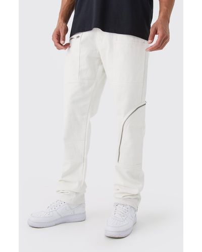 Boohoo Tall Straight Rigid Zip Detail Cargo Jeans - White