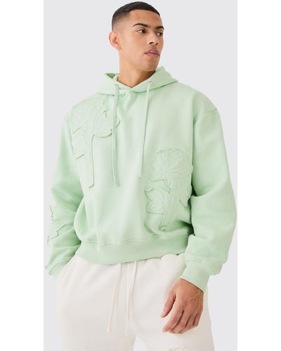 BoohooMAN Oversized Spray Wash Rose Embroidery Hoodie - Green