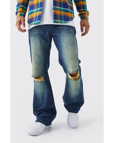 Boohoo Relaxed Rigid Flare Bleached Ripped Knee Jeans - Blue