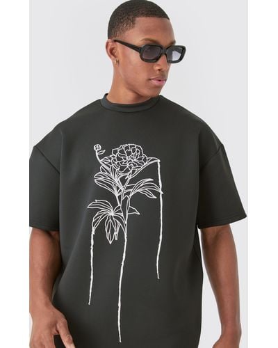 BoohooMAN Oversized Floral Line Drawing Scuba T-shirt - Black