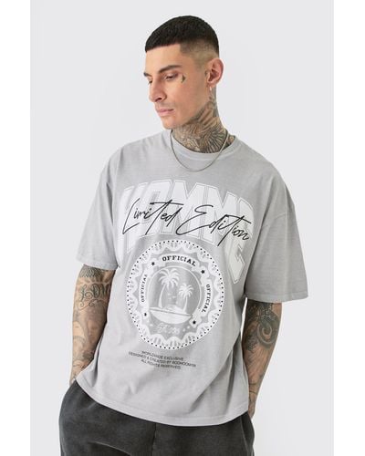 BoohooMAN Tall Palm Print Graphic T-shirt In Grey