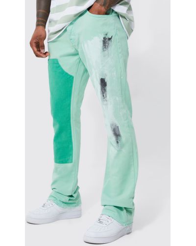 Boohoo Fixed Skinny Stacked Carpenter Paint Trouser - Green