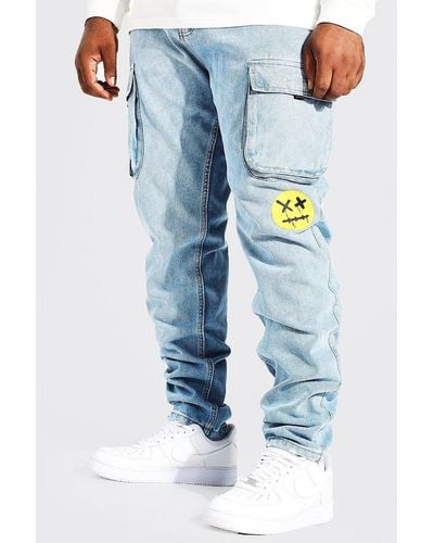 BoohooMAN Plus Skinny Cargo-Jeans mit Print - Blau