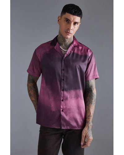 BoohooMAN Short Sleeve Oversized Ombre Satin Shirt - Purple