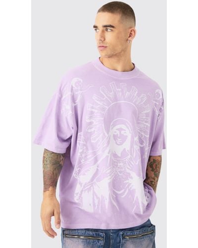 Boohoo Oversized Over The Seam Renaissance Line Print T-shirt - Purple