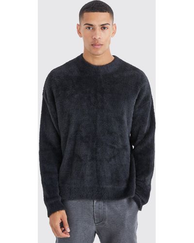 BoohooMAN Boxy Crew Neck Fluffy Knitted Jumper - Blue