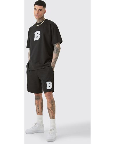 BoohooMAN Tall Oversized Extended Neck Applique T-shirt & Short Set - Black