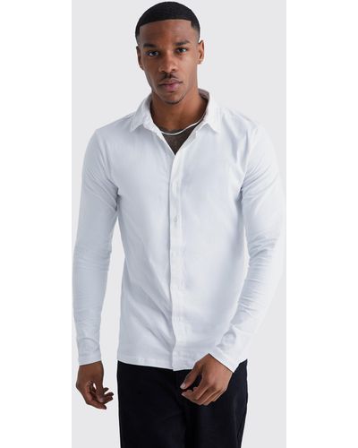 BoohooMAN Long Sleeve Stretch Fit Jersey Shirt - White