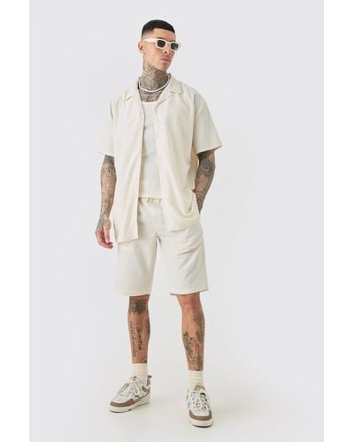 BoohooMAN Tall Oversized Linen Drop Revere Shirt & Short Set In Natural