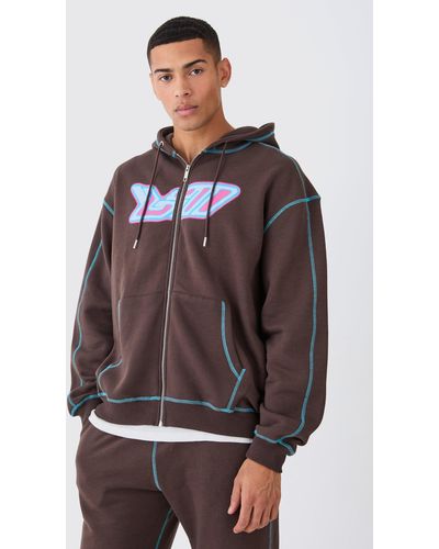 BoohooMAN Oversized Contrast Stitch Heat Graphic Hoodie - Brown