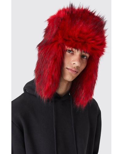 BoohooMAN Wintermütze aus Kunstfell - Rot
