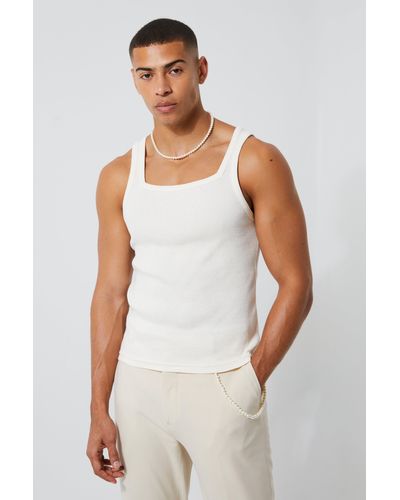 BoohooMAN Toosii Muscle Fit Square Neck Cropped Ribbed Vest - White