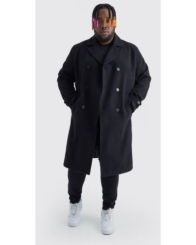 BoohooMAN Plus Double Breasted Wool Look Overcoat In Black