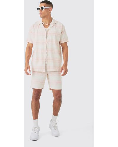 BoohooMAN Short Sleeve Aztec Stripe Oversized Shirt & Short - Pink