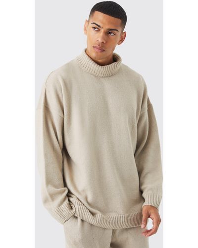 BoohooMAN Oversized Funnel Neck Brushed Knit Sweater - Natural