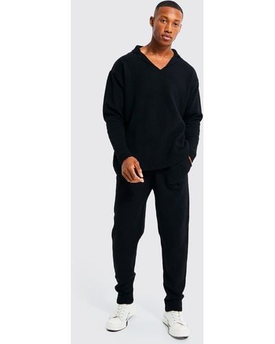 BoohooMAN Oversized Revere Knitted Polo Tracksuit - Black