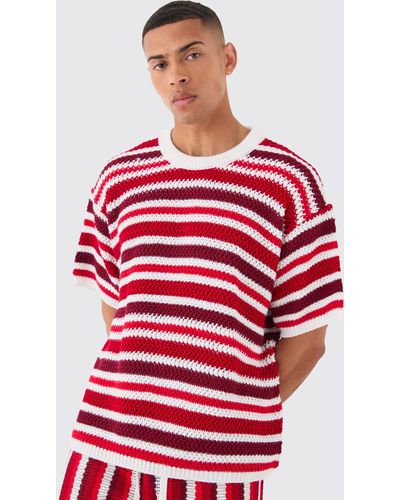 BoohooMAN Oversized Stripe Knitted T-shirt In White - Rot