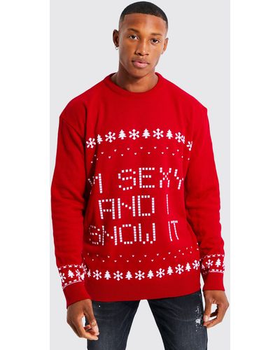 BoohooMAN I'm Sexy And I Snow It Christmas Jumper - Red