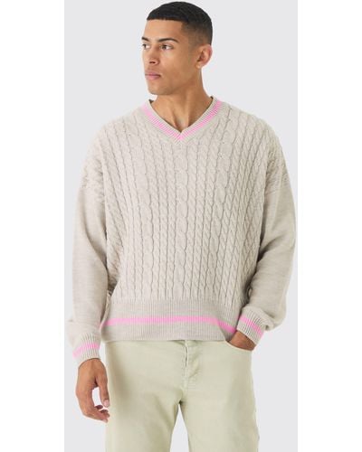 Boohoo Oversized Boxy Cable Knit V Neck Sweater - Gray
