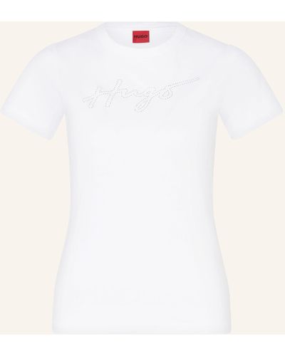 HUGO T-Shirt DELORIS mit Schmucksteinen - Natur