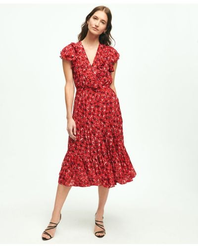 Brooks Brothers Chiffon Poppy Print Dress - Red