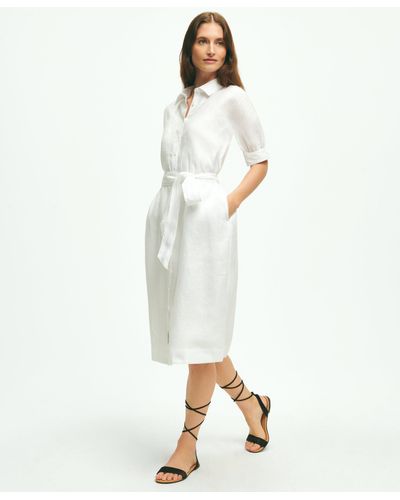 Brooks Brothers Puff Sleeve Belted Shirt Dress In Linen - White