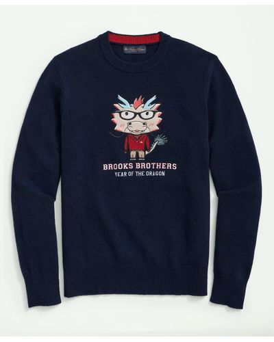 Brooks Brothers Merino Wool Blend Crewneck Lunar New Year Dragon Embroidered Sweater - Blue