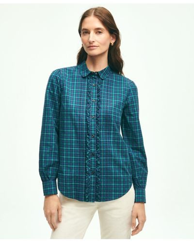 Brooks Brothers Cotton Plaid Ruffled Shirt - Blue