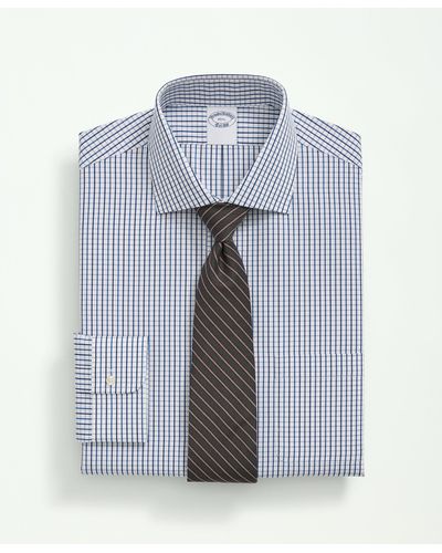 Brooks Brothers Supima Cotton Poplin English Collar, Tattersall Dress Shirt - Blue