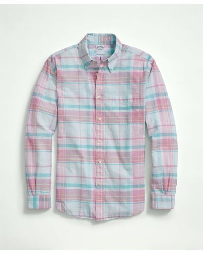 Brooks Brothers Washed Cotton Madras Button-down Collar Sport Shirt - Blue