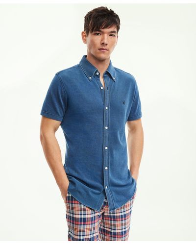 Brooks Brothers Washed Cotton Pique Short-sleeve Knit Shirt - Blue